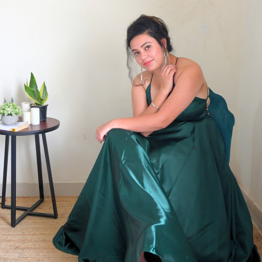 Green satin backless gown