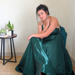 Green satin backless gown