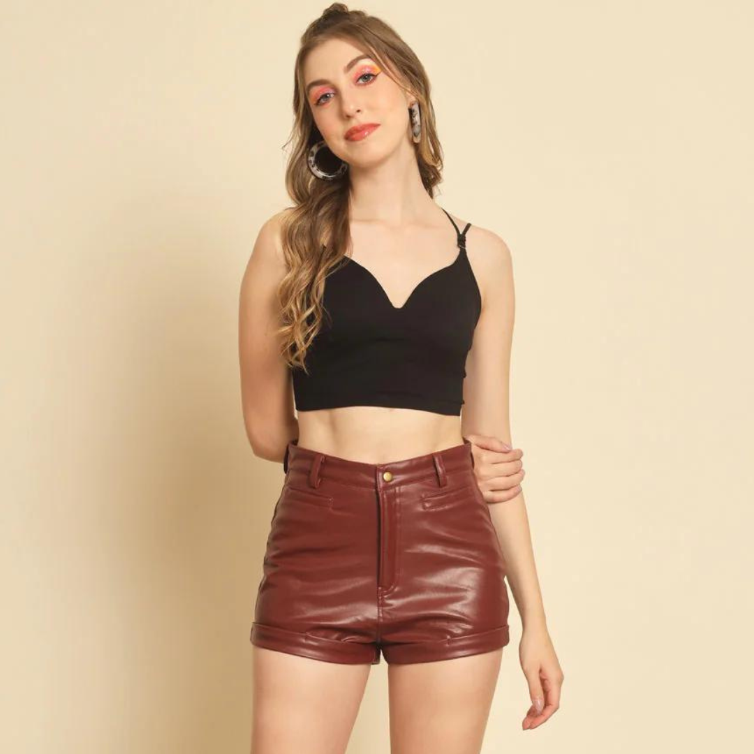 Solid Women Maroon High Waist Shorts