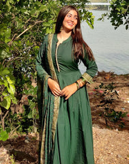 Green Printed A-Line Kurti With Pant And Dupatta