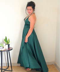 Green satin backless gown