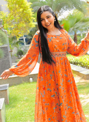 Orange Printed Georgette Ethnic Dress