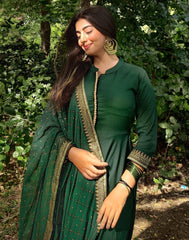 Green Printed A-Line Kurti With Pant And Dupatta