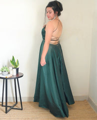 Green satin backless gown