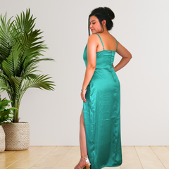 Green satin long slit gown