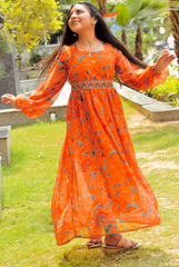 Orange Printed Georgette Ethnic Dress