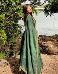 Green Printed A-Line Kurti With Pant And Dupatta