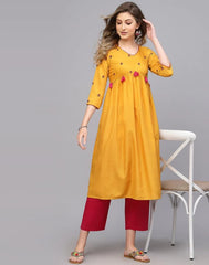 Musterd Yellow Embroidery Chinnon A-Line Kurta