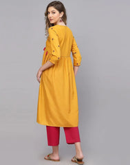 Musterd Yellow Embroidery Chinnon A-Line Kurta