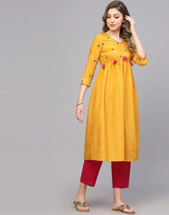 Musterd Yellow Embroidery Chinnon A-Line Kurta