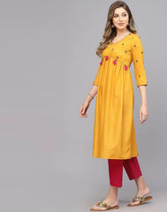 Musterd Yellow Embroidery Chinnon A-Line Kurta