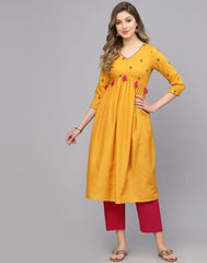 Musterd Yellow Embroidery Chinnon A-Line Kurta