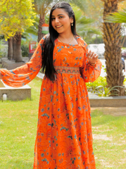 Orange Printed Georgette Ethnic Dress