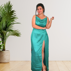 Green satin long slit gown