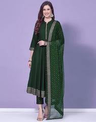 Green Printed A-Line Kurti With Pant And Dupatta