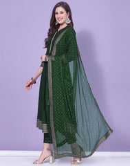 Green Printed A-Line Kurti With Pant And Dupatta