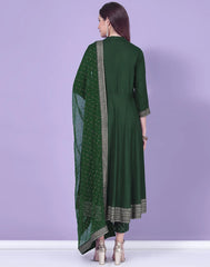 Green Printed A-Line Kurti With Pant And Dupatta