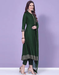 Green Printed A-Line Kurti With Pant And Dupatta