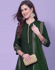 Green Printed A-Line Kurti With Pant And Dupatta