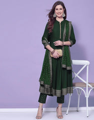 Green Printed A-Line Kurti With Pant And Dupatta