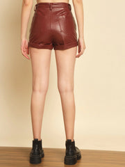 Solid Women Maroon High Waist Shorts