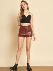 Solid Women Maroon High Waist Shorts