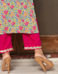 Multicoloured Cotton Printed Straight Kurta With Pant And Dupatta