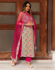 Multicoloured Cotton Printed Straight Kurta With Pant And Dupatta