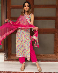 Multicoloured Cotton Printed Straight Kurta With Pant And Dupatta