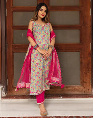 Multicoloured Cotton Printed Straight Kurta With Pant And Dupatta