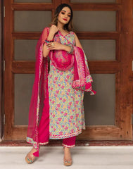 Multicoloured Cotton Printed Straight Kurta With Pant And Dupatta