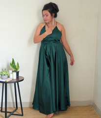 Green satin backless gown