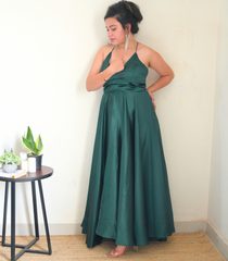 Green satin backless gown