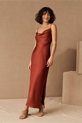 Satin Cowl Neck Slit Dress