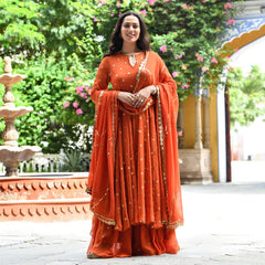 Burnt Orange Flared Plated Georgette Kurta With Palazzo