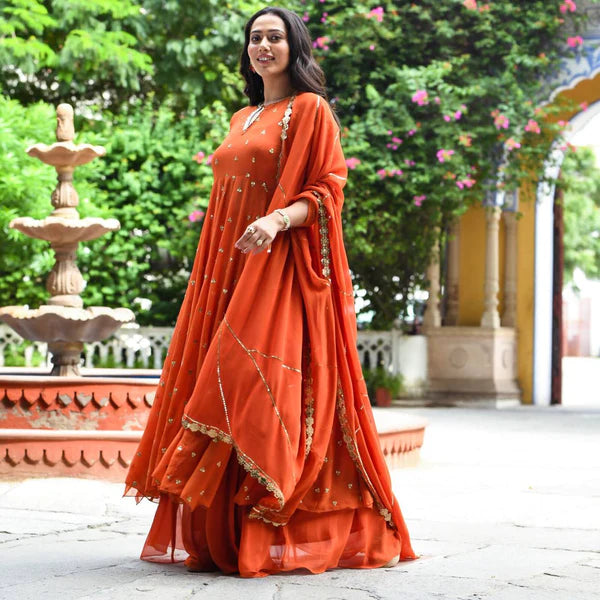 Burnt Orange Flared Plated Georgette Kurta With Palazzo