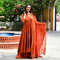 Burnt Orange Flared Plated Georgette Kurta With Palazzo