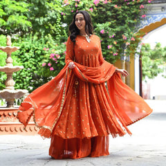 Burnt Orange Flared Plated Georgette Kurta With Palazzo