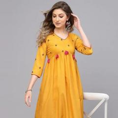 Musterd Yellow Embroidery Chinnon A-Line Kurta