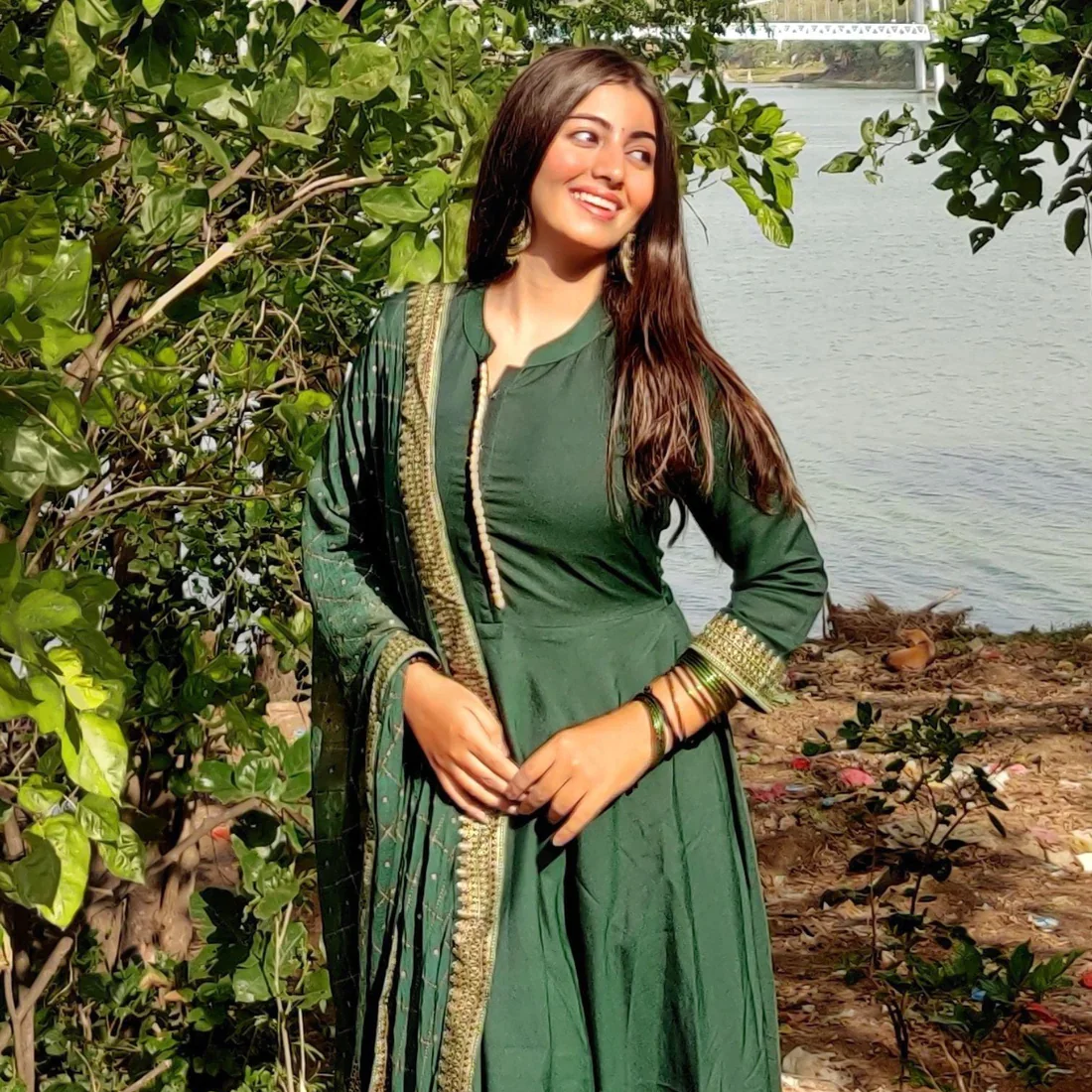 Green Printed A-Line Kurti With Pant And Dupatta